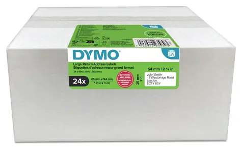 Dymo papírové štítky 54 x 25 mm bílé / Štítky do tiskárny / pro zpáteční adresu / 500 ks/role / 24 rolí