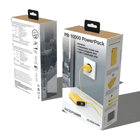 RealPower PB-10000 Set žlutá / Powerbanka 10000 mAh / LED displej / USB-C PD / 22,5W / vč. nabíječky a kabelu