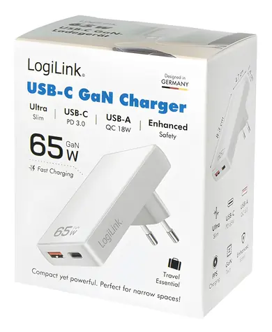 LogiLink bílá / Nabíjecí adaptér / 1x USB-A / 1x USB-C / GaN / 65W