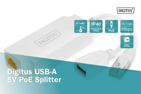 Digitus DN-95208 bílý / PoE splitter / IEEE 802.3af/at / USB-A výstup 5V/2,5A / IP40