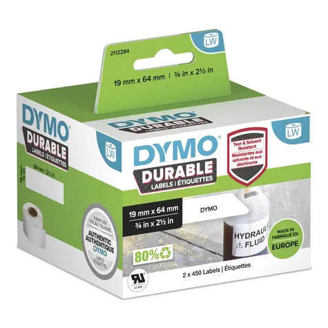 Dymo plastové štítky 64x19mm 2x450 ks / bílé / permanentní / odolné vlhkosti a olejům