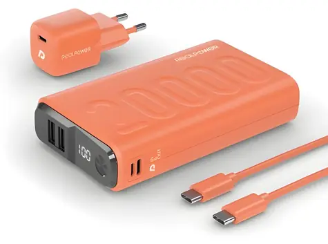 RealPower PB-20000 oranžová / Powerbanka 20000 mAh / Set / 2x USB-A / USB-C / LED displej