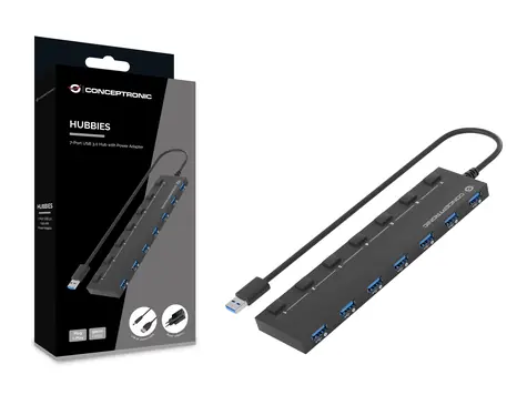 Conceptronic USB hub 7 portů černá / USB hub / 7x USB-A 3.2 Gen1 / 5 Gbit/s / Napájecí adaptér