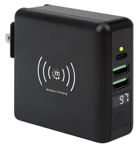 Manhattan 4v1 cestovní nabíječka a powerbanka černá / Powerbanka / 8000 mAh / Bezdrátové nabíjení / USB-C, 2x USB-A