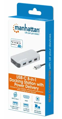 Manhattan USB-C 8v1 dokovací stanice stříbrná / Dokovací stanice / HDMI 4K / RJ45 / 3x USB-A / PD 100W