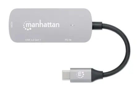 Manhattan USB-C na HDMI adaptér 3v1 stříbrný / Adaptér / 4K 30Hz / USB-A 3.2 Gen1 / PD 100 W