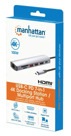 Manhattan Dokovací stanice 7-in-1 stříbrná / Dokovací stanice / USB-C / HDMI 4K 60Hz / USB-A 3.2 Gen2 / PD 100W