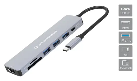 Conceptronic USB-C dokovací stanice 7v1 šedá / Dokovací stanice / HDMI 4K/30Hz / 3x USB-A 3.2 / SD/microSD / PD 100W