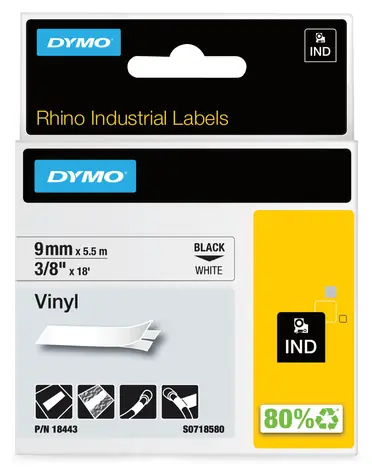 Dymo originální páska do tiskárny štítků 9mm x 5.5m / černý tisk / bílý podklad / RHINO vinylová