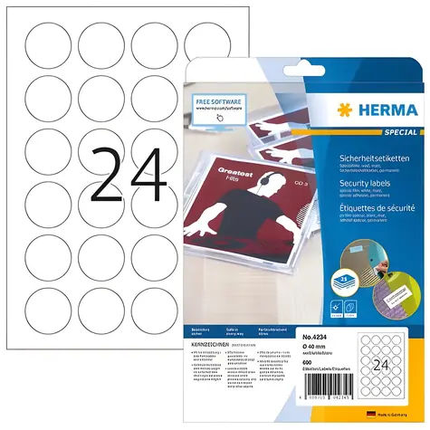 Herma bezpečnostní etikety bílé O40 mm / Etikety / Fólie / 600 ks / A4