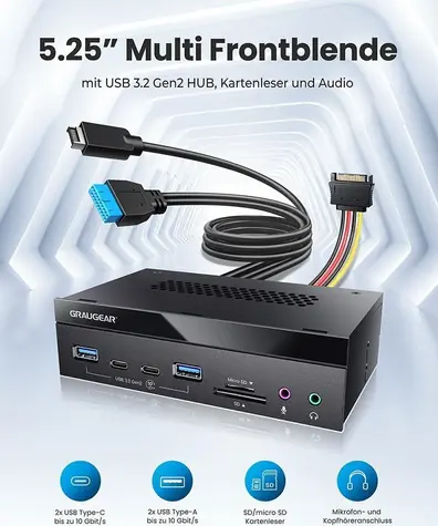 GrauGear Multi Frontblende 8-Port / Frontpanel / USB 3.2 Gen 1 / čtečka SD, microSD / 6 portů