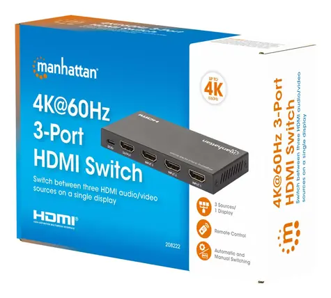 Manhattan HDMI Switch 3 vstupy / HDMI přepínač / 4K 60Hz / HDCP 2.2 / Dolby Vision, Atmos / kovové tělo