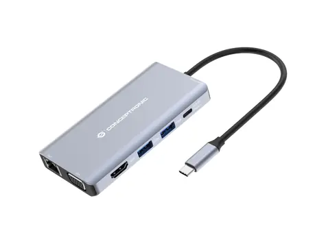 Conceptronic USB-C dokovací stanice 10v1 šedá / Dokovací stanice / HDMI/VGA / PD 100W / GLAN / čtečka SD