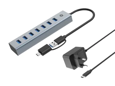 Conceptronic USB hub 7x USB-A 3.0 šedý / USB hub / USB-C adaptér / napájecí adaptér / hliníkové tělo