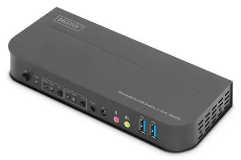 Digitus DS-12850 / KVM přepínač / 2 porty / 2x DisplayPort in / DP/HDMI out / 4K 60Hz / USB 3.0 hub