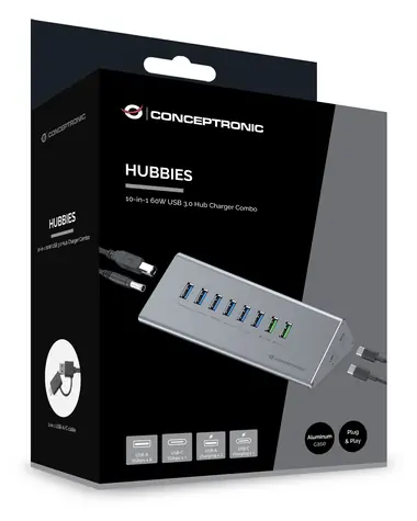 Conceptronic USB-C hub 10 portů šedá / Hub / 6x USB-A 3.0 / 2x USB-C / napájecí adaptér 60W