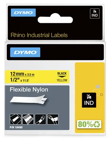 Dymo Rhino páska 12mm x 3,5m černá na žluté / Páska do štítkovače / Nylon / Voděodolná / UV odolná
