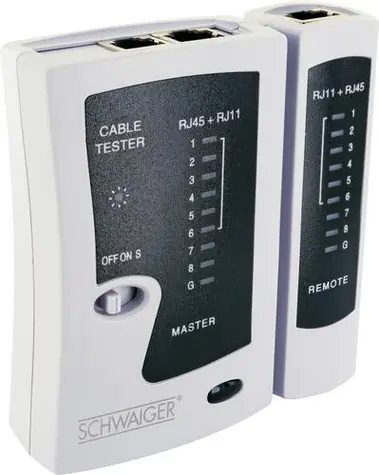 Schwaiger tester kabelů RJ45/RJ11 bílá / Tester kabelů / RJ-45 & RJ-11 / LED indikace