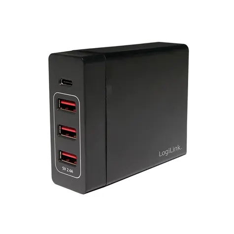 LogiLink stolní nabíjecí adaptér 3x USB-A + 1x USB-C černá / Nabíjecí adaptér / 60W / 100-240V / výstup 2,4A a 3A