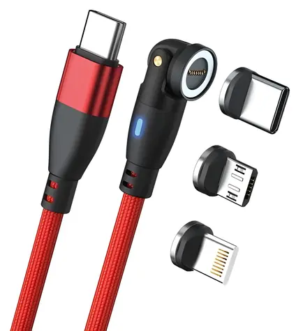 RealPower Magnetic 100W červená / Magnetický nabíjecí kabel USB-C / 100 W PD / 1 m / adaptéry Lightning, micro-USB