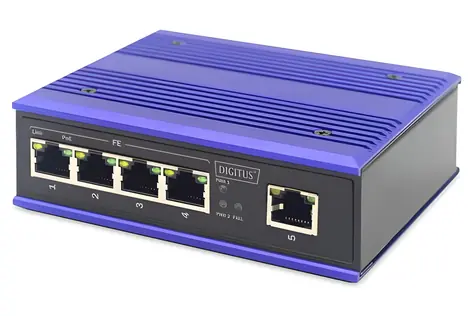 DIGITUS Switch Ind. 4-Port PoE černá/modrá / Switch / Nespravovaný / 10/100 / PoE+ 4x30W / DIN lišta