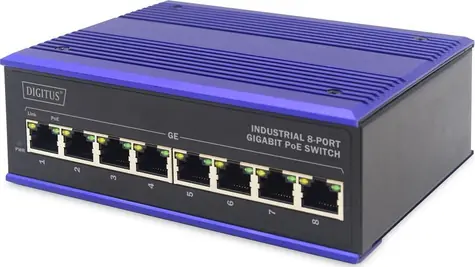 Digitus Switch Ind. modrá / Switch / Průmyslový / 8x Gigabit / PoE 240W / Unmanaged / DIN lišta