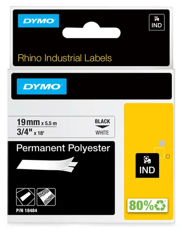 Dymo originální páska do tiskárny štítků 19mm x 5.5m / černý tisk / bílý podklad / RHINO / polyester