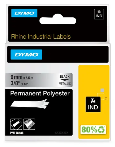 Dymo originální páska do tiskárny štítků 9 mm x 5,5 m / černý tisk / metalický podklad / RHINO permanentní polyester