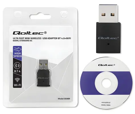 Qoltec 56989 / WiFi a Bluetooth adaptér / USB 2.0 / AC / BT 4.0 / 600 Mbps
