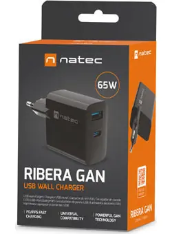 Natec Ribera GaN černá / Nabíječka / GaN / 65 W / 1x USB-A / 1x USB-C