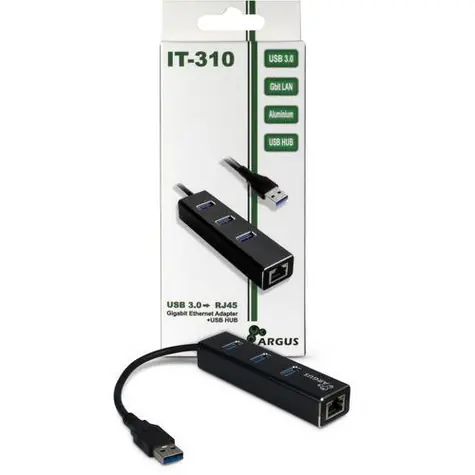 Inter-Tech IT-310 / Ethernetový adaptér / USB-A / Gigabit LAN / hliníkové tělo / 3x USB 3.2 Gen 1 hub