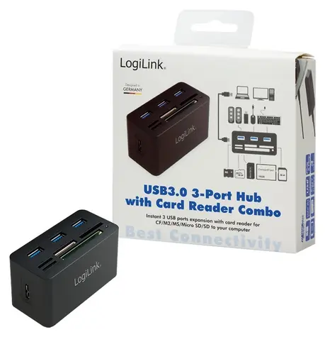 LogiLink USB Hub s čtečkou karet černá / USB hub / 3x USB-A / Čtečka SD, microSD, M2, MS, CF