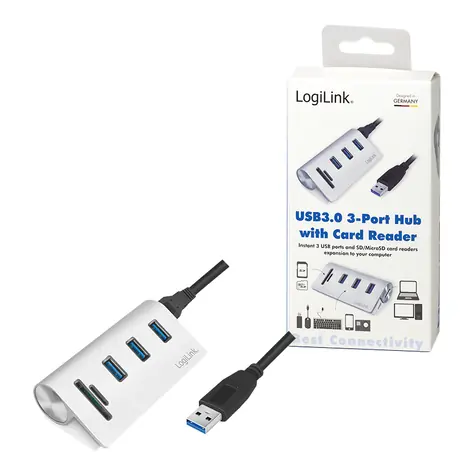 LogiLink USB hub se čtečkou karet stříbrná / USB hub / 3x USB-A 3.0 / čtečka SD/microSD / hliníkové tělo