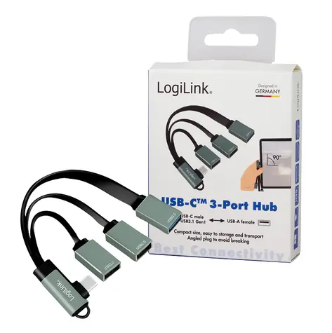 LogiLink USB-C Hub lomený stříbrná / USB-C Hub / 3 porty / 2x USB-A 2.0 / 1x USB-A 3.2 Gen1 / hliník