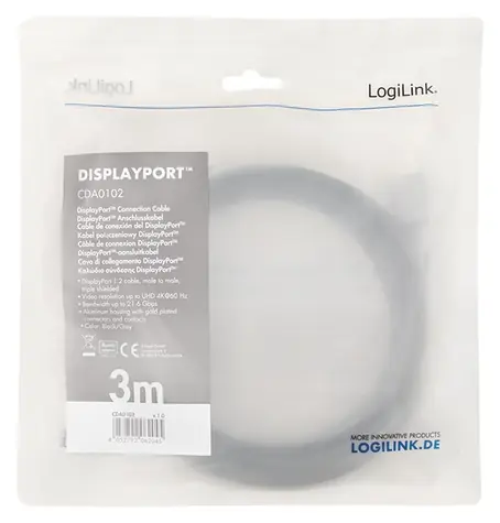 LogiLink DisplayPort 1.2 černo-šedá / Kabel DisplayPort / 3 m / 4K UHD / 60 Hz