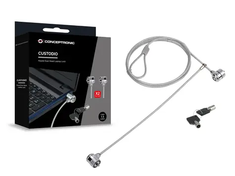 Conceptronic zamykací kabel k notebooku s dvojitým zámkem / Zamykací kabel / 1,5 m / průměr 4 mm / 2x klíč / stříbrná