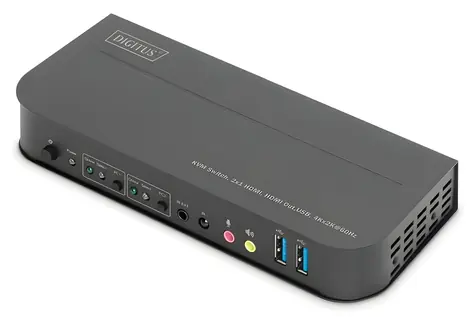 Digitus KVM přepínač 2-port HDMI 4K / KVM přepínač / 4K 60Hz / USB / kovové tělo / dálkové ovládání