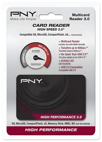 PNY High Performance Reader 3.0 černá / Čtečka paměťových karet / USB 3.2 Gen 1 / 5000 Mbit/s / CF, SD, microSD, MS, xD