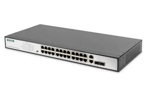 DIGITUS 24-Port PoE+ černá / Switch / Nespravovaný / 10/100 / PoE+ 370W / 2x SFP combo