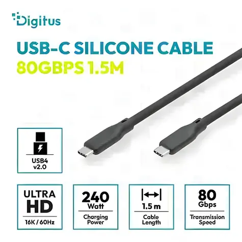 Digitus USB-C silikonový kabel černá / USB kabel / USB4 Gen2x2 / 80 Gbit/s / PD 240W / 1,5 m