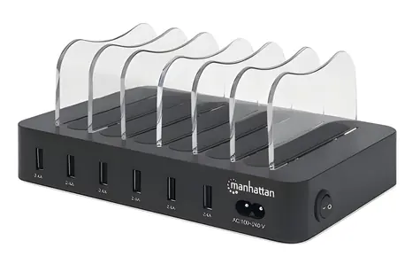 Manhattan 6-portová USB nabíjecí stanice černá / Nabíječka / 6x USB-A / 2,4 A/5 V / LED indikace