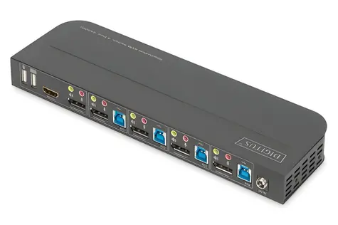 Digitus KVM Switch 4-Port / Přepínač KVM / 4x DisplayPort / 1x DP + HDMI výstup / 4K60Hz / USB 3.0 hub