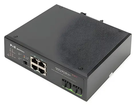 DIGITUS 4-Port PoE černá / Switch / Industriální / Nespravovaný / Gigabit / PoE 120W / 2x SFP