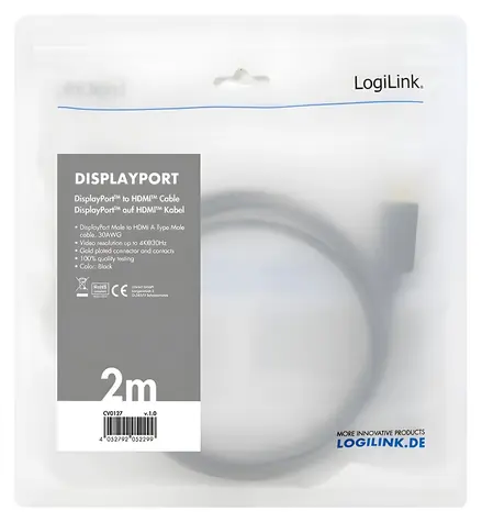 LogiLink DisplayPort - HDMI černá / Adaptérový kabel / 4K/30Hz / 2 m
