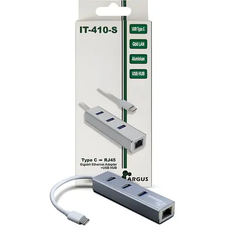 Inter-Tech Argus IT-410-S šedá / LAN adaptér / USB-C / Gigabit Ethernet / 3x USB 3.0 hub / hliníkové tělo