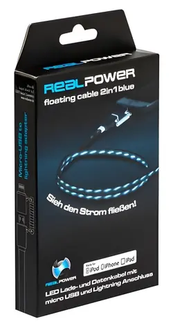 RealPower USB kabel 2v1 LED modrá / Datový a nabíjecí kabel / USB-A - microUSB & Lightning / 0,75 m