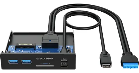 GrauGear USB hub s čtečkou karet černá / Přední panel / 2x USB-C / 2x USB-A / SD & microSD / 3,5”