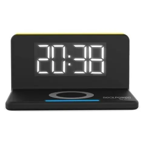 RealPower ChargeAir clock černá / Bezdrátová nabíječka s budíkem / 10W / USB-A výstup / LED lampička