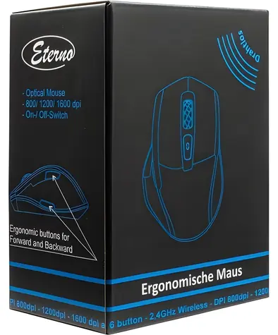Inter-Tech Eterno M-230 černá / Bezdrátová ergonomická myš / 1600 DPI / 6 tlačítek / USB přijímač