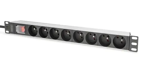 DIGITUS PDU 1U 8x CEE 7/5 černá / Zásuvková lišta / 230V/16A / kabel 2 m / hliníkové tělo / vypínač